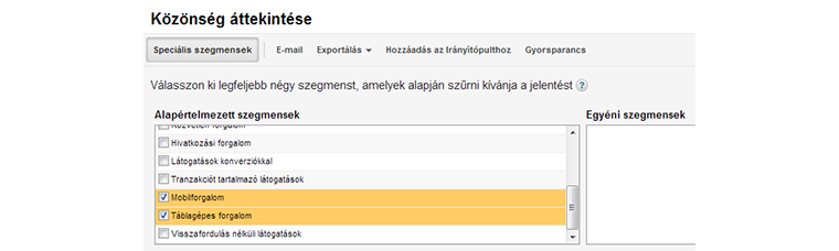 Google Analytics közönség szegmentálás képernyőkép