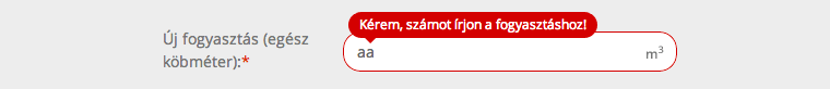 Kérem, számot írjon a fogyasztáshoz szöveg jelenik meg, mikor nem számot ír be a felhasználó a mezőbe