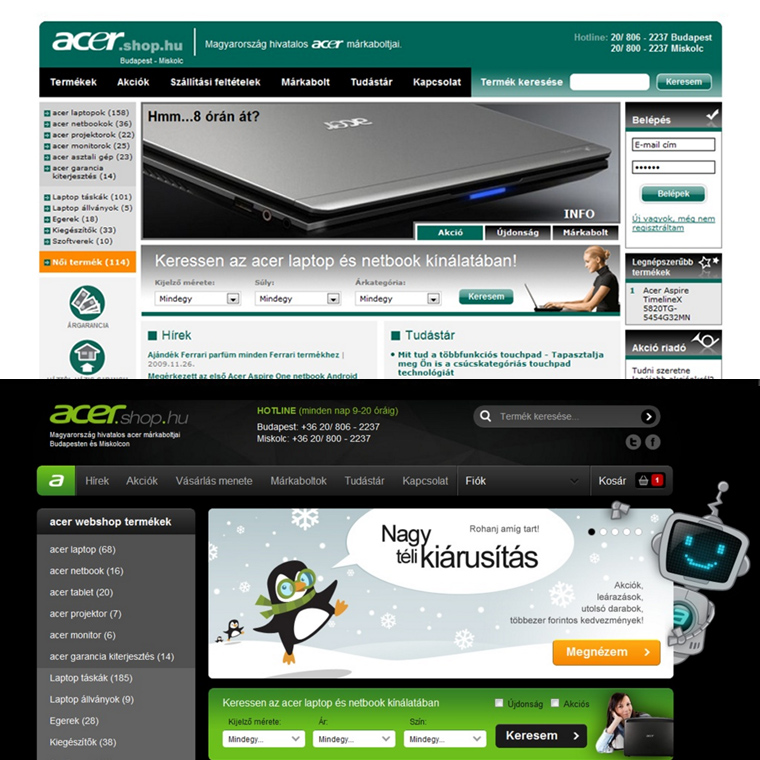 korábbi és az új acer shop felülete kéernyőképek