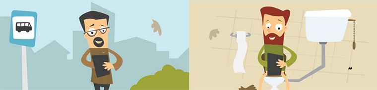 buszmegállóban és a toaletten mobilozó ember illusztráció
