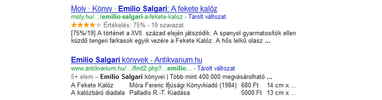 Google találati lista mikroformátumokkal képernyőkép
