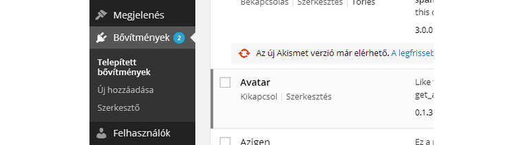 Bővítmények WordPress adminisztrációs felületen screenshot