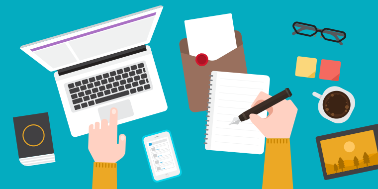 projekt menedzser asztalnál, géppel, notesszal dolgozik – illusztráció